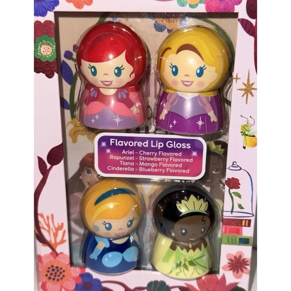 Disney Princess Flavored Lip Gloss Set 4 Pack Ariel Rapunzel Cinderella Tiana
